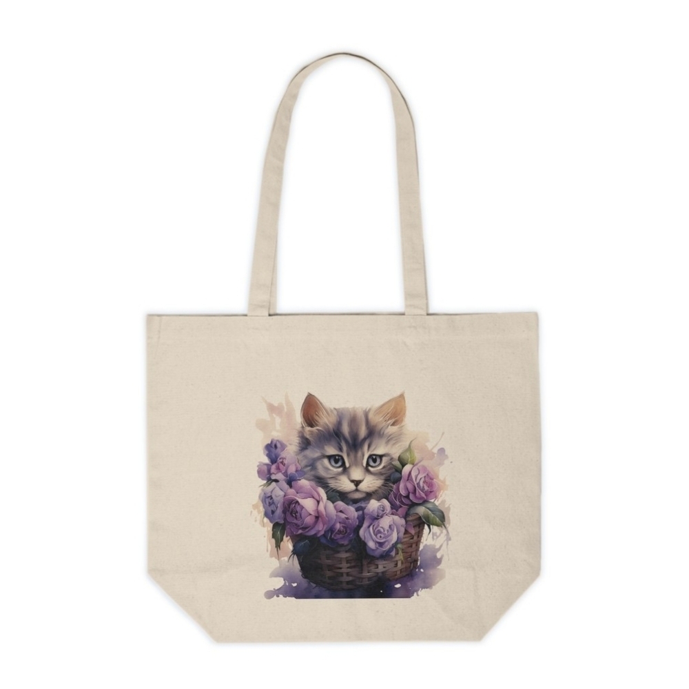 Floral Cat in a Basket Custom Canvas Tote Bag